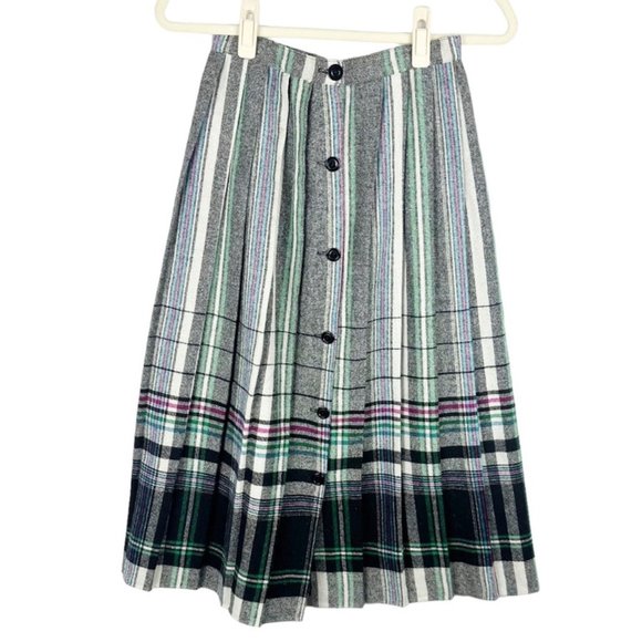 Vintage Womens Plaid Striped Pleated Wool Mid Skirt Size 11 Button Down USA - Picture 1 of 7